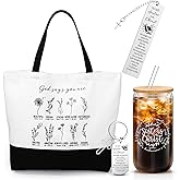 Maxdot 4 Pcs Sister in Christ Gift for Women Christian Canvas Tote Bag Sister in Christ Glass Cup with Lid and Straw Bible Verse Keychain Scripture Bookmark Religious Gift Set for Her Friend Birthday