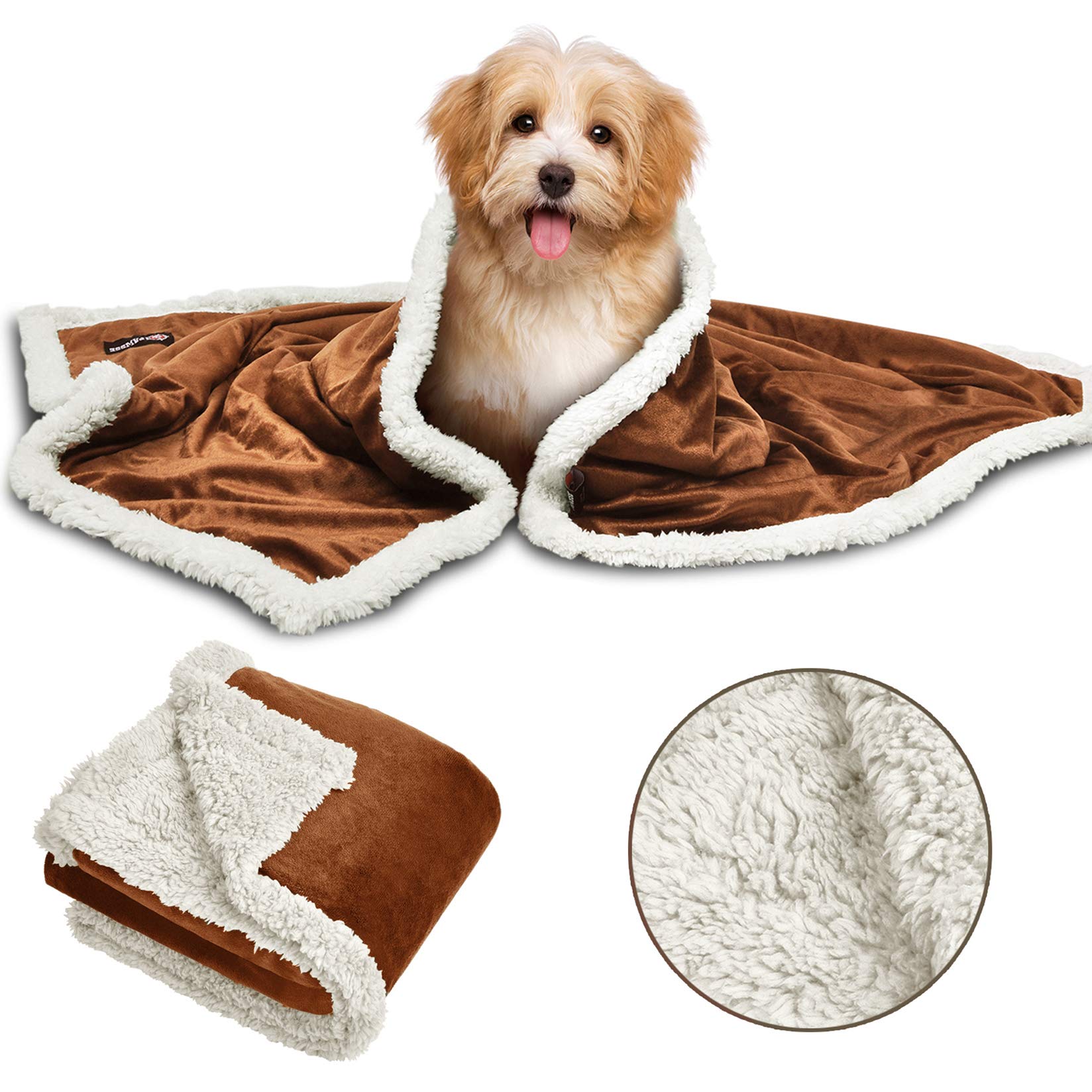 Pawsee Puppy Fleece Blankets, Washable Sherpa Fluffy Cosy Warm Plush Pet Blankets for Small Dog Cat Kitten Double Thickness Throws 114 x 76 cm Brown
