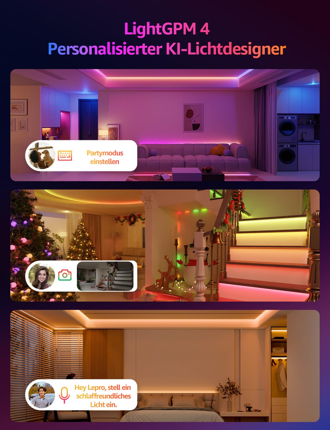 Lepro AI LED Streifen S2, 5M RGBCW LED Strip mit echtem Weißlicht, MagicColor RGBIC, Personalisierter KI-Lichtdesigner, Musik-Sync, Kompatibel mit Alexa & Google Assistant für Gaming & Ambiente 2