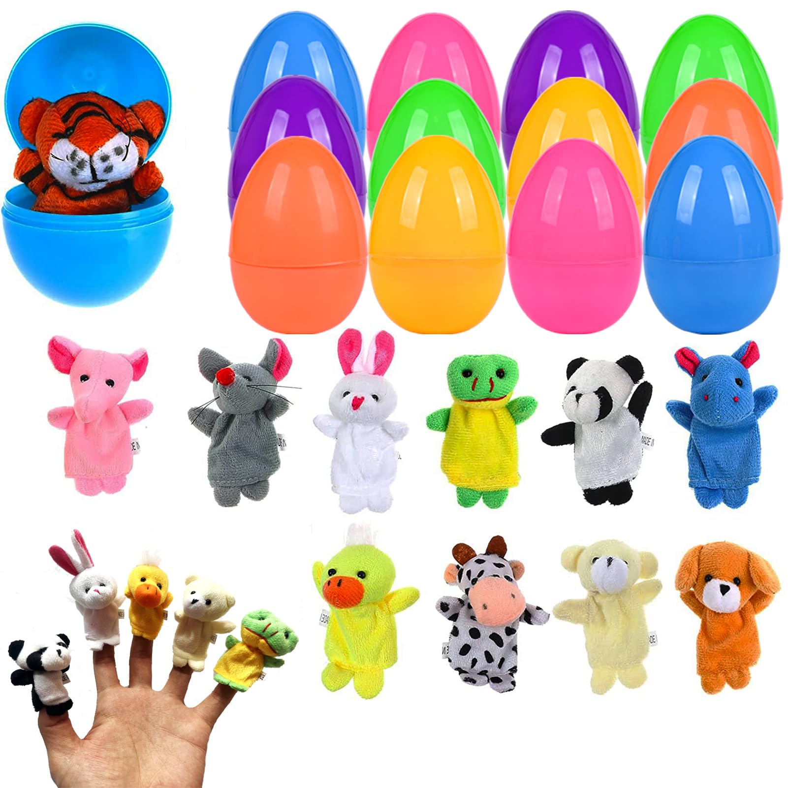 Kijamilee Easter Eggs Filled with Finger Puppets for Toddlers, Easter Basket Stuffers for Boys Girls, Plastic Easter Egg Filler for Kids Pinata Toys, Party Game Prizes, Goodie Bag Fillers, 12 Packs