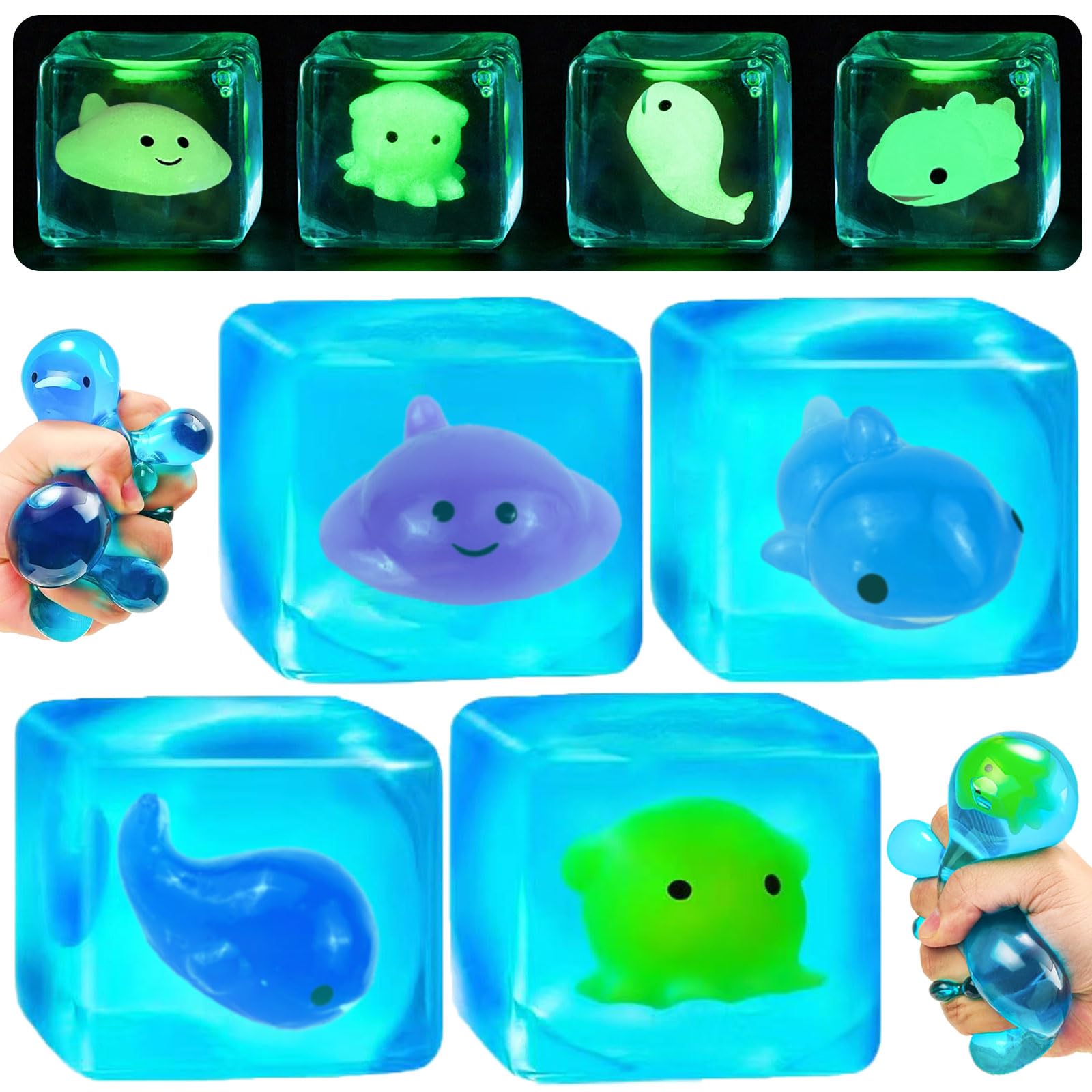 4 Pack Blue Squeeze Cube with Luminous Sea ​​Animals Inside，Squishy Stress Fidget Gummy Toys ，Glow in The Dark Animal Maltose Sensory Toys for Kids Autism , Stress Balls for Anxiety Stress Relief