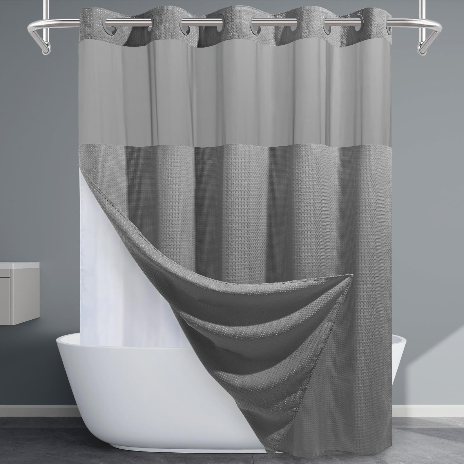 Photo 1 of EUTXL Long No Hook Shower Curtain with Snap in Liner,230GSM Waffle Weave Shower Curtains for Bathroom,71W x 80H(78"),Grey