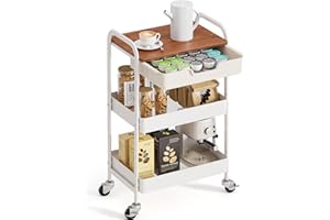 TOOLF 3-Tier Metal Utility Rolling Cart with Drawer & Wooden Table Top, Storage Cart White Trolley Kitchen Organizer Rolling Desk with Locking Wheels for Office, Classroom, Dorm, Bedroom