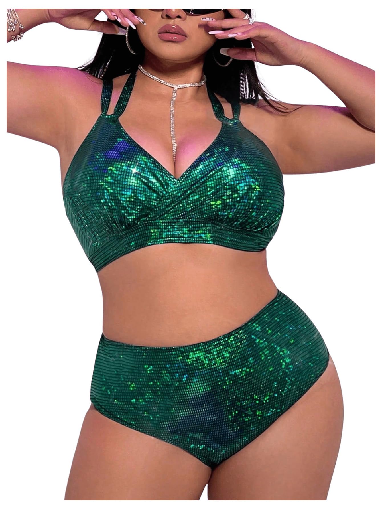 Photo 1 of MakeMeChic Women's Plus Size Two Piece Halter Swimsuit Sequin Sparkly Wrap High Waisted Bikini Sets Green 0XL