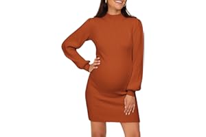 Lueluoye Maternity Sweater Dress for Pregnant Women Turtleneck Puff Sleeve Knit Slim Fit Bodycon Mini Dress