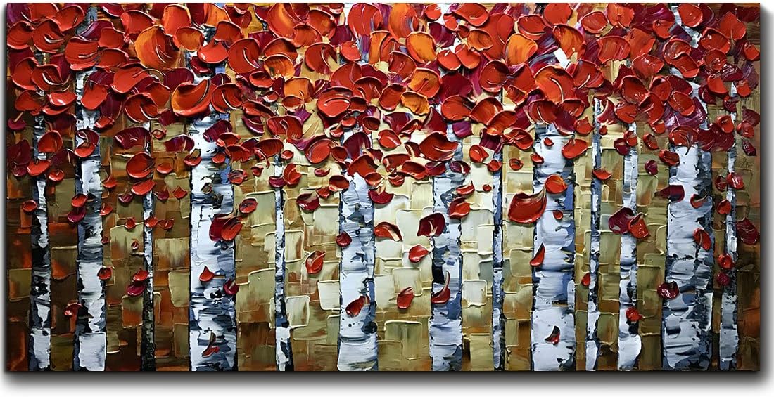 Paintings - V-inspire Paintings, 24x48 Inch Paintings Oil Abstract Red Birch Trees Wall Art Contemporary 3D Hand-Painted On Canvas Artwork Art Wood Inside Framed Hanging Living room Bedroom Wall Decoration