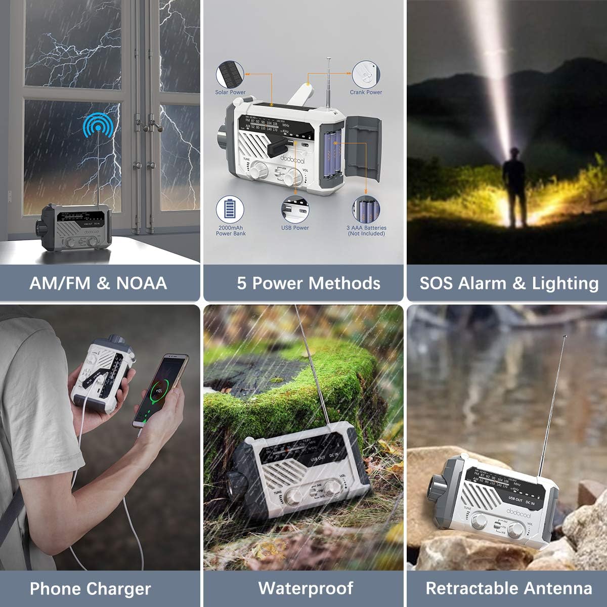 Emergency Radio, dodocool NOAA Weather Radio, Hurricane Supplies Hand Crank Battery Operated Solar Survival Radio with AM/FM, LED Flashlight, Reading Lamp, 2000mAh Cell Phone Charger, SOS Alert: Home Audio & Theater