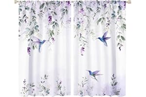 JRETAILAX Rustic Purple Eucalyptus Hummingbird Curtains - Watercolor Eucalyptus Leaves Floral Hummingbird Thermal Insulated Blackout Curtains - Rod Pocket Window Treatment Drapes for Bedroom 2 Panels 63L x 36W