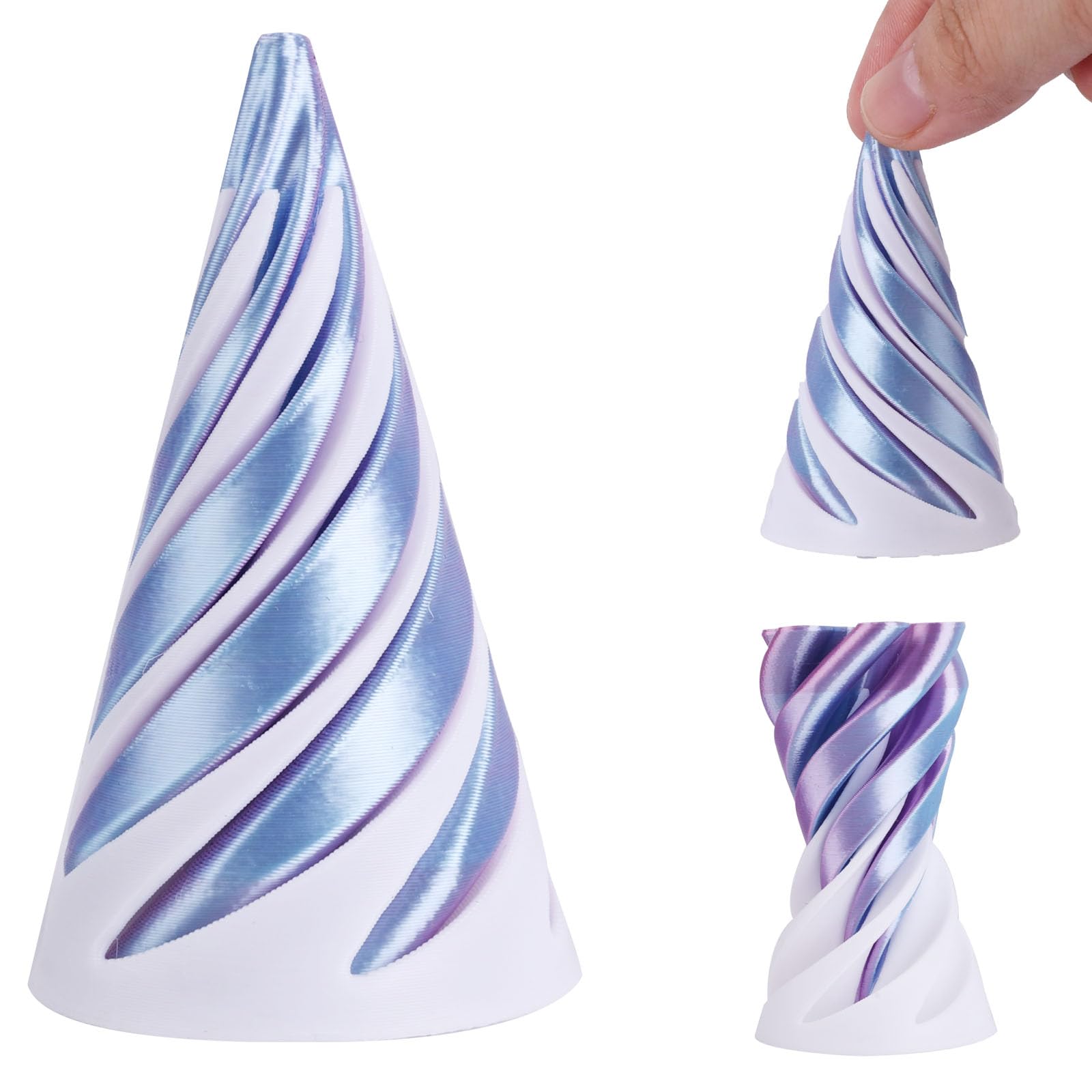 Spiral Cone Fidget Toy, 3D Printed Cone Impossible Pyramid Passthrough Sculpture Helix Pass Through Fidget Toy for Kids and Adults Stress Relaxation Random Stuff Gifts (White Purple)