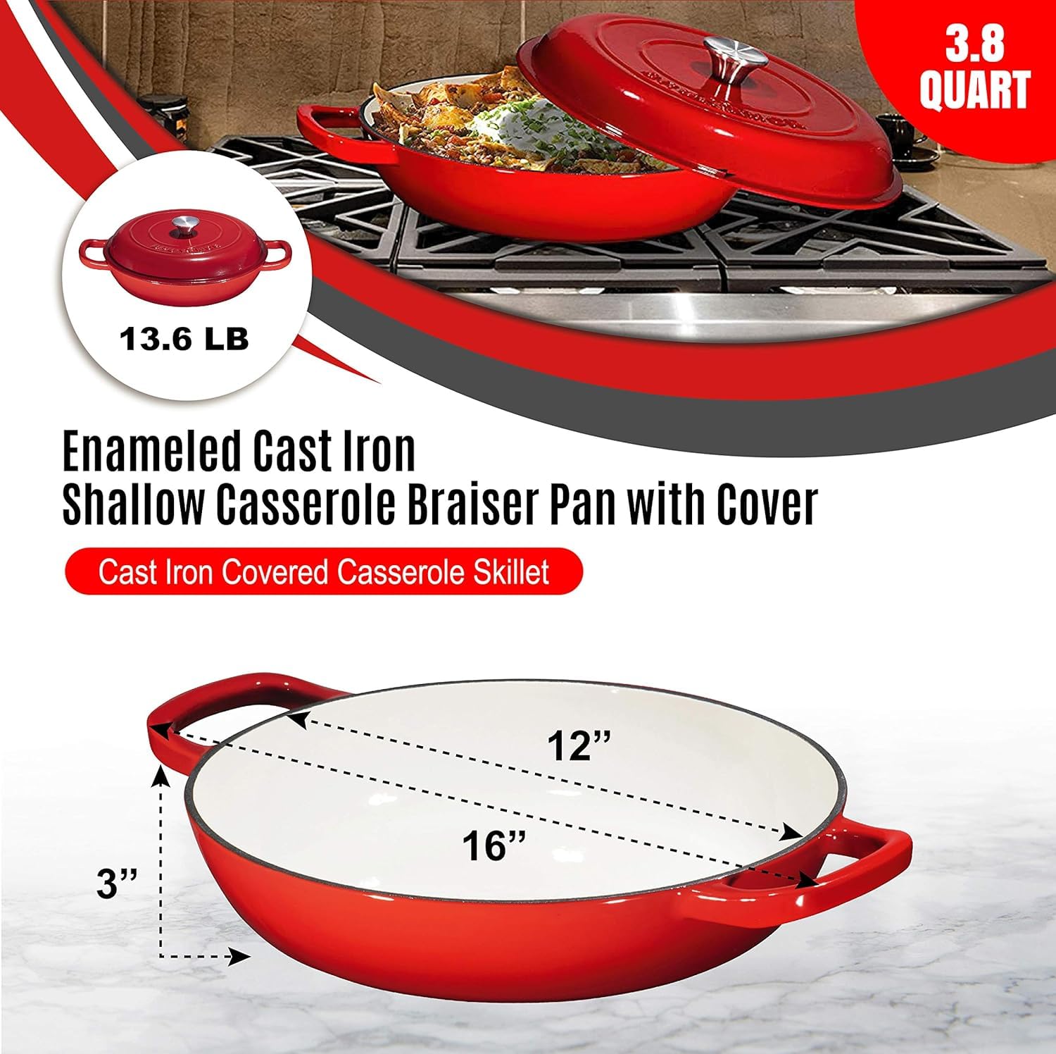 Bruntmor 3.8 Quart Dutch Oven Pot with Lid - Enameled Cast Iron Paella Pan - Ceramic Coated Cast Iron Braiser Pan for Baking, Braising, Roasting, Slow Cooking, and Stovetop Use - Gradient Red