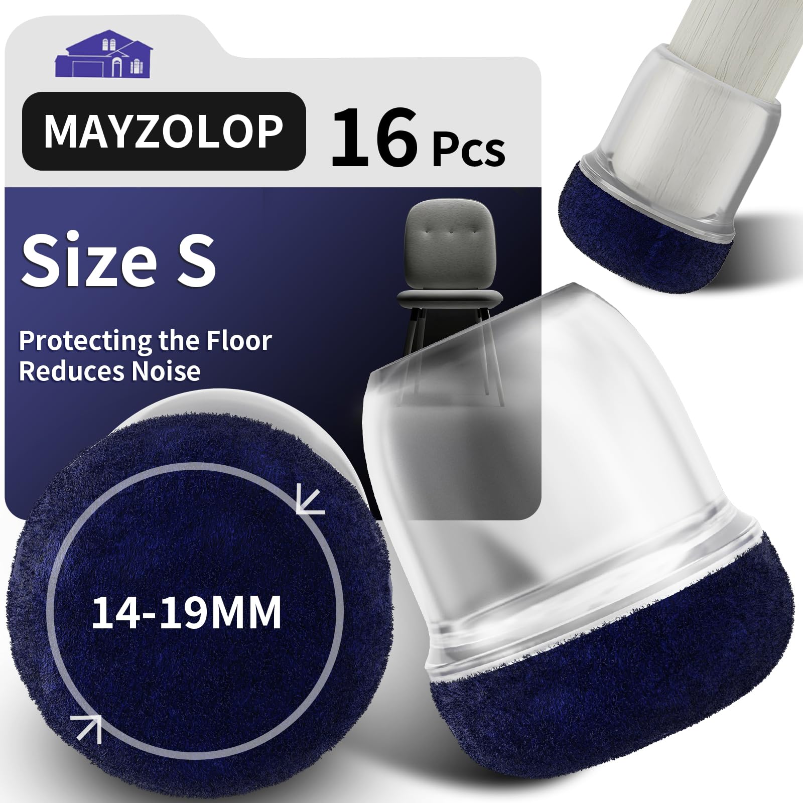 MAYZOLOP 16PCS Chair Leg Floor Protectors, Ø14-19mm Round Transparent Silicone Chair Leg Caps with Navy Blue Felt Pads, Hardwood Floor Protectors for Furniture Legs,No Scratches No Noise