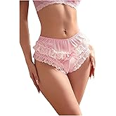 SHENHE Women's Satin Panty Ruffle Lace Trim Mid Rise Bow Underwear Silky Soft Brief
