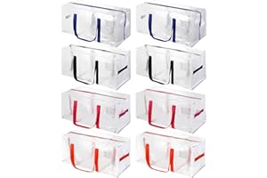 JCBZAMZ Moving Bags Heavy Duty,Clear Moving Bags with Multicolor Handles,Extra Large Moving bags Ideal for Moving Supplies,Clothes Storage,College Dorm(Clear,8 Pack)