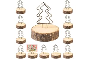 LucyPhy 12Packs Christmas Wood Place Card Holders with Christmas Tree Wire and 20Pcs Kraft Place Cards, Wooden Table Memo Photo Picture Number Sign Stands Holder for Party Wedding Table Decoration