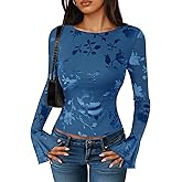ZESICA Womens Bell Long Sleeve Going Out Tops 2026 Spring Trendy Mesh Floral Fitted Shirts Cute Date Y2k Top Outfits