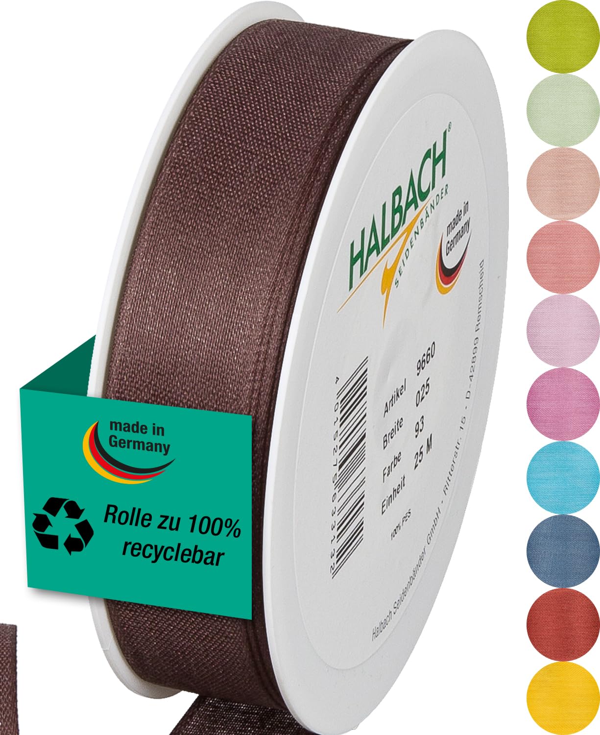 Halbach Seidenbänder Gift Ribbon, Width 25 mm, Length 25 m, Ribbon Made in Germany, Gift Ribbons in a Variety of Colours and Widths Perfect for Packaging and Decorating, Colour: Dark Brown
