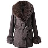 Pallivare Women Fur Trench Coat Notched Lapel Single Breasted Jacket Warm Long Fall Winter Overcoat With Fur Collar & Belt GSQ23189 Coffee XL