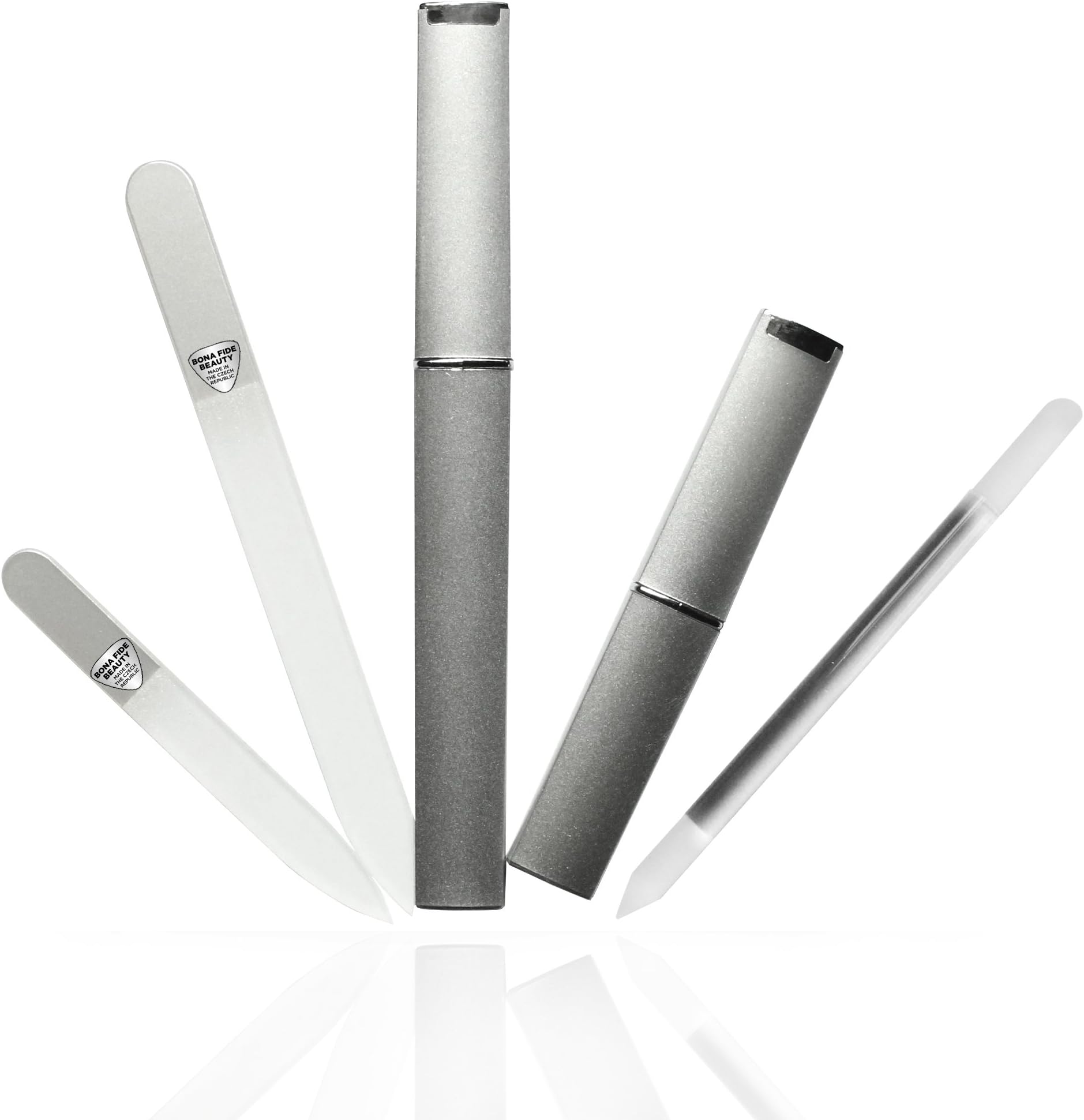 Glass Nail Files Cuticle Trimmer Set, Professional Manicure Fingernail Files in Case - Precision Filing, Gentle on Natural Nail & Cuticles - Bona Fide Beauty 3-Piece Silver Premium Czech Glass Files