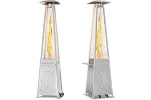 HARMONYHEALTH 42,000 Patio Heater with Beverage Shelf, Pyramid Outdoor Patio Heater with Cover, Quartz Glass Tube Stainless Steel Propane Heater with Wheels & Ground Spike
