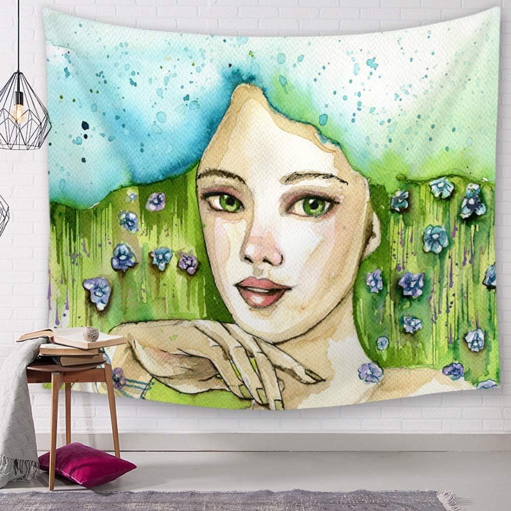 Tapestry Wall Hanging, Light Blue and Green Watercolor Girl Pattern Print Fabric, Bohemian Trippy Hippie Psychedelic Vogue Figure Wall Art Decor for Dorm Living Room,150 × 130 cm