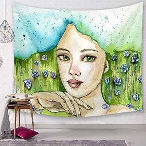 Tapestry Wall Hanging, Light Blue and Green Watercolor Girl Pattern Print Fabric, Bohemian Trippy Hippie Psychedelic Vogue Figure Wall Art Decor for Dorm Living Room,150 × 130 cm