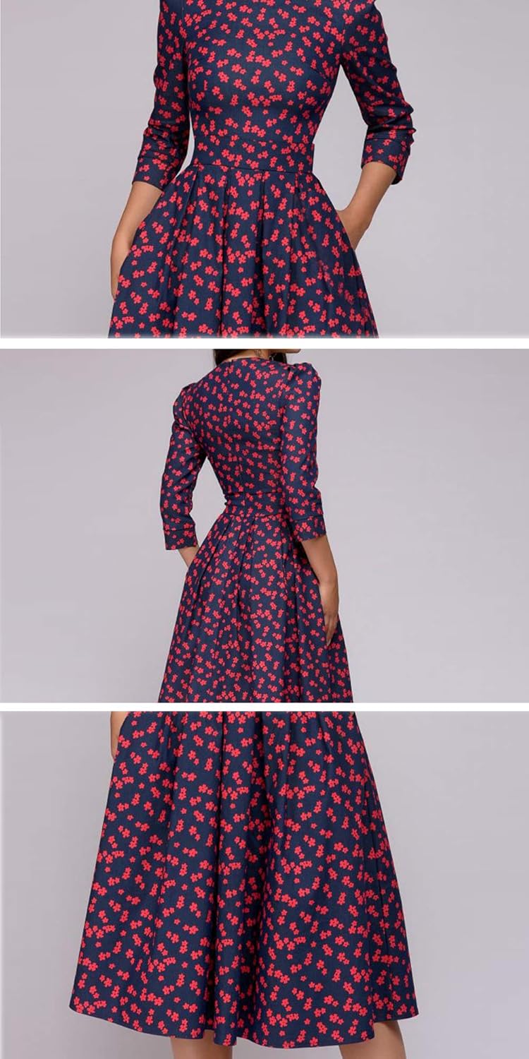Simple Flavor Women's Floral Vintage Dress Elegant Midi Evening Dress 3/4 Sleeves: Clothing