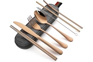 DEVICO Portable Utensils, Travel Camping Cutlery Set, 8-Piece including Knife Fork Spoon Chopsticks Cleaning Brush Straws Por