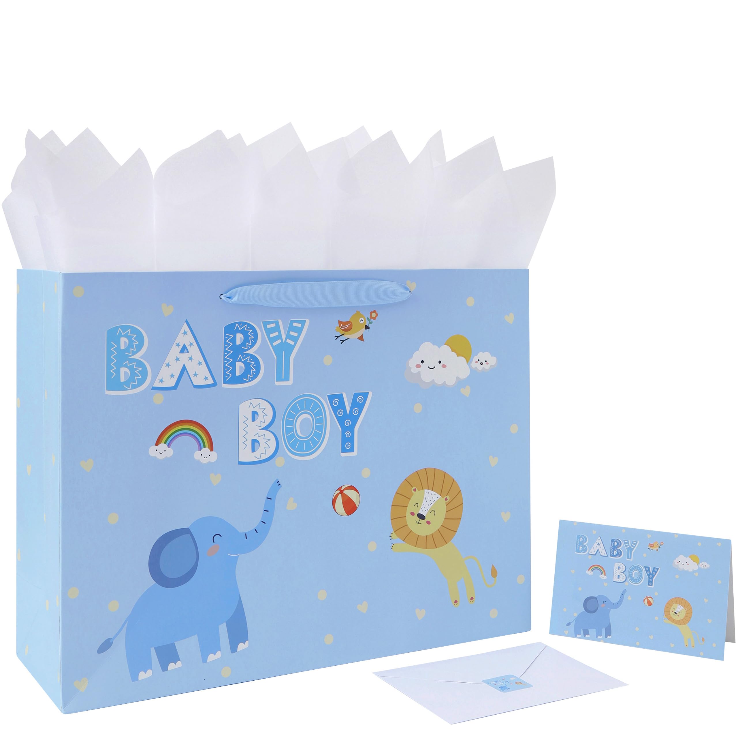 Photo 1 of 16.5'' Extra Large Baby Boy Gift Bag Set with Handles, Greeting Card, Tissue Papers and Stickers for Boys Kids Teens, for Baby Boy, Baby Shower, Kids Birthday Party, Newborn, New Moms or Parents, Elephant and Lion Design, 1 Pcs