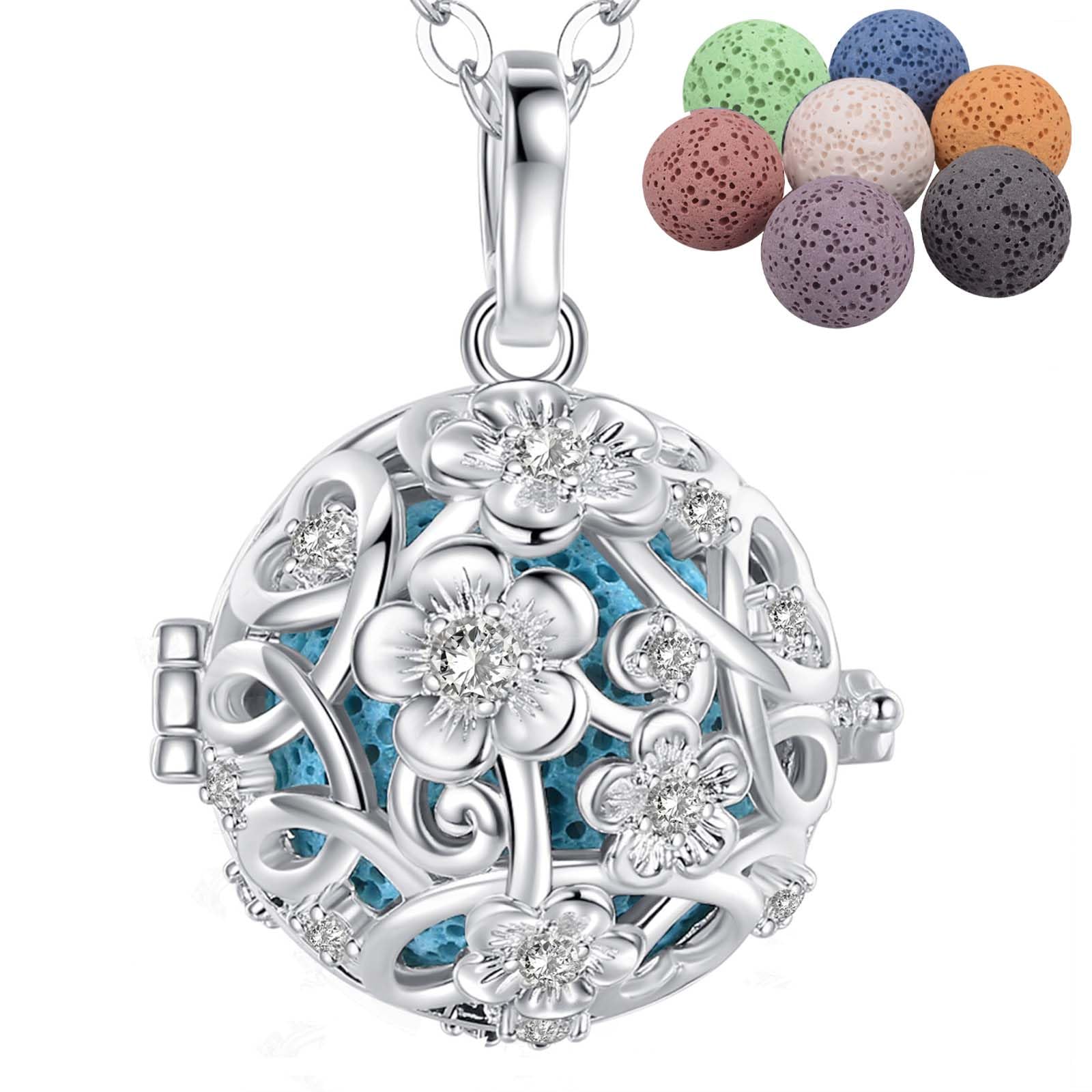 INFUSEU Aromatherapy Necklace, Cherry Blossom Silver Plated Essential Oil Diffuser Locket Pendant Women Cubic Zirconia Necklace with 7 Lava Stone Beads & Chain 24" — image 1