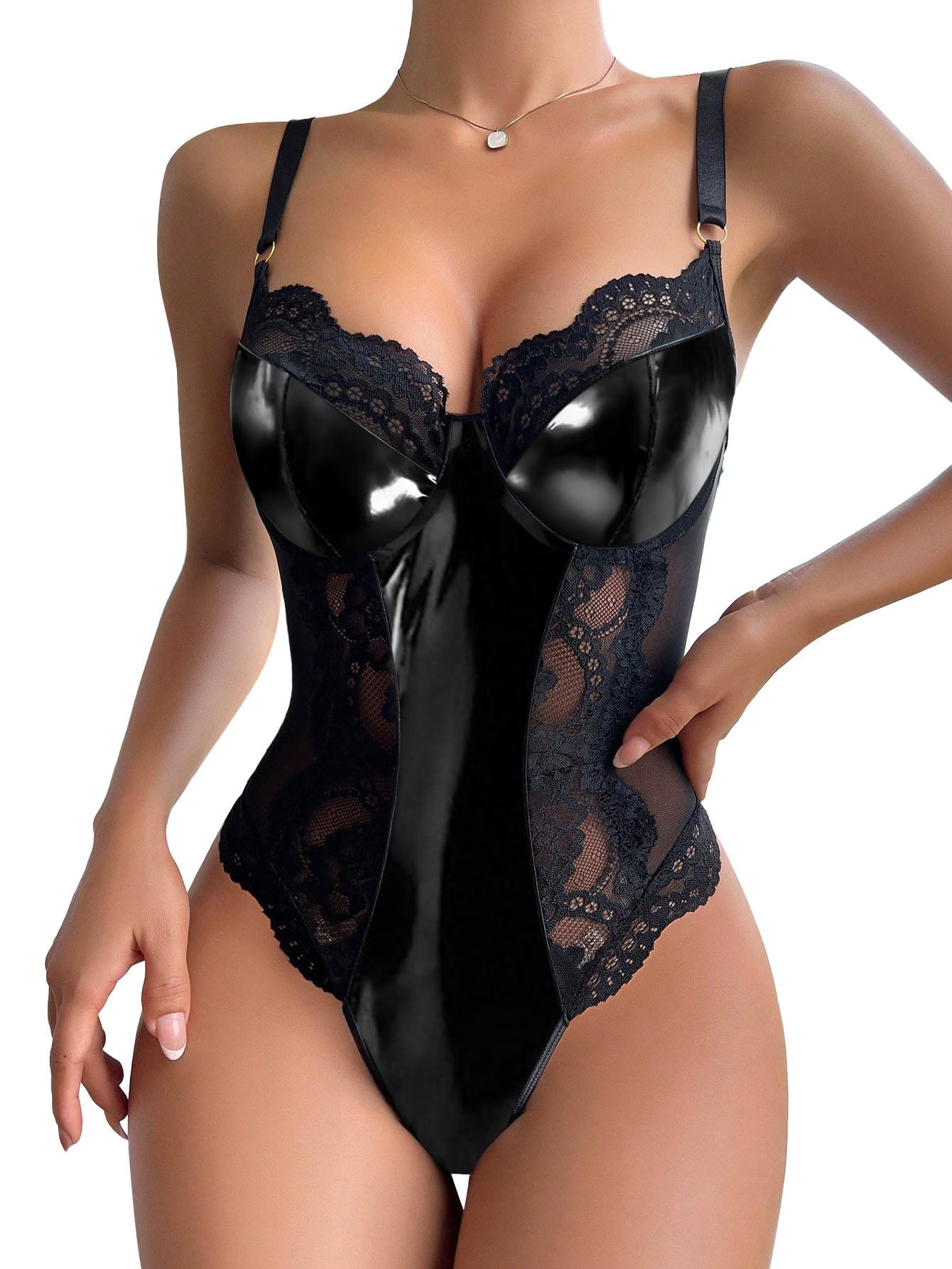 Photo 1 of Lilosy Sexy Leather Underwire Push Up Floral Lace Sheer Corset Lingerie Women Teddy Bodysuit Bustier Top One Piece Pu Latex Black X-Large