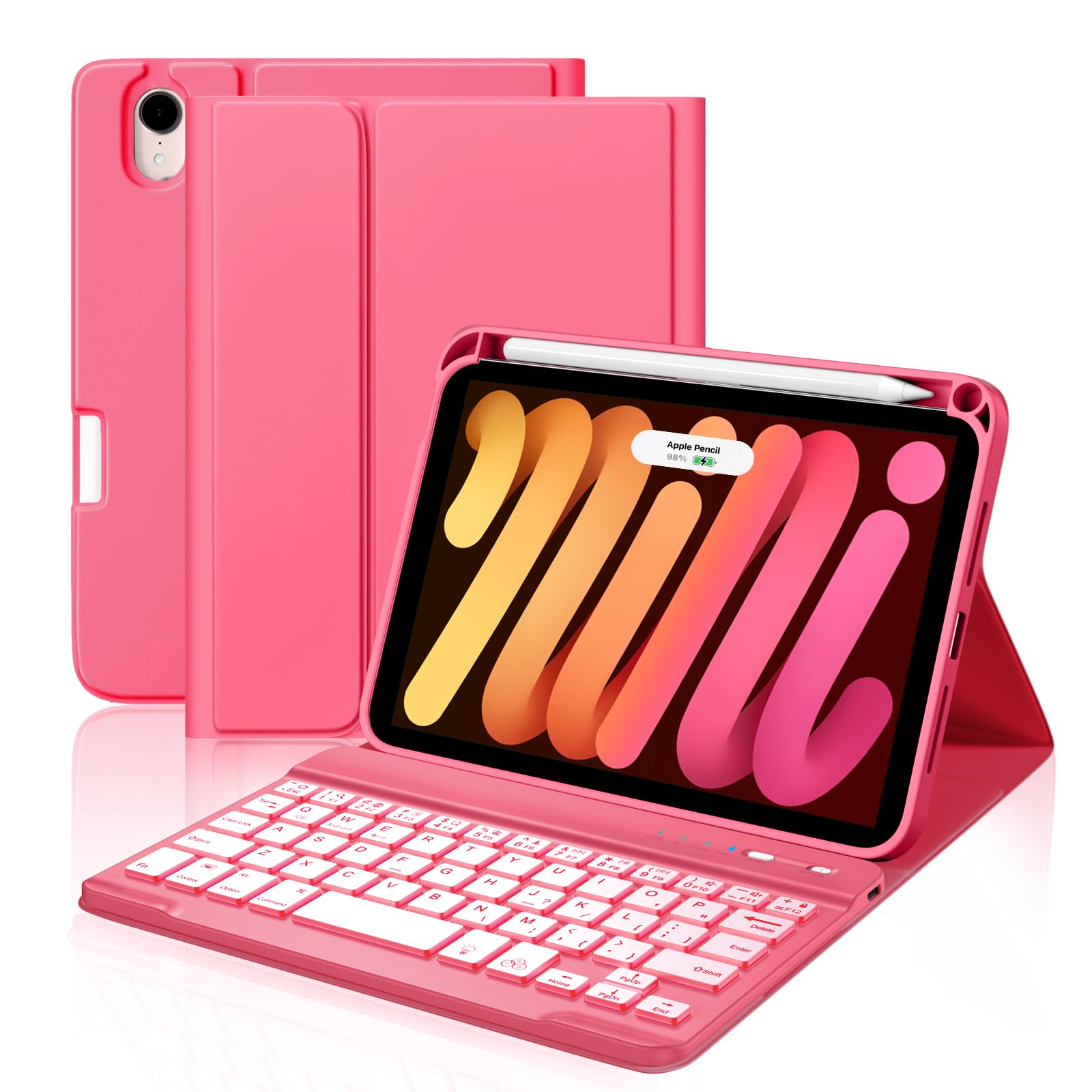 Photo 1 of Cousper for iPad mini 7 Keyboard Case A17 Pro 2024/iPad Mini 6 Generation Case with Keyboard 2021 8.3 Inch, Pencil Holder, 7 Color Backlit Detachable Keyboard Cover for iPad mini 7th/6th Gen,DarkPink
