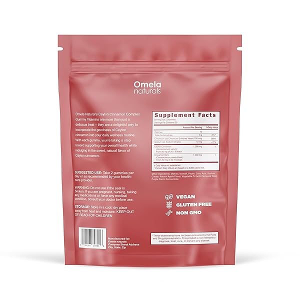 OMELA NATURALS SUGAR-FREE CEYLON CINNAMON COMPLEX GUMMIES APPLE CINNAMON FLAVOR | IMMUNE SUPPORT & ANTIOXIDANT SUPPLEMENTS | 2000MG CINNAMON COMPLEX WITH CHROMIUM | VEGAN, NON-GMO, GLUTEN-FREE| 60CT