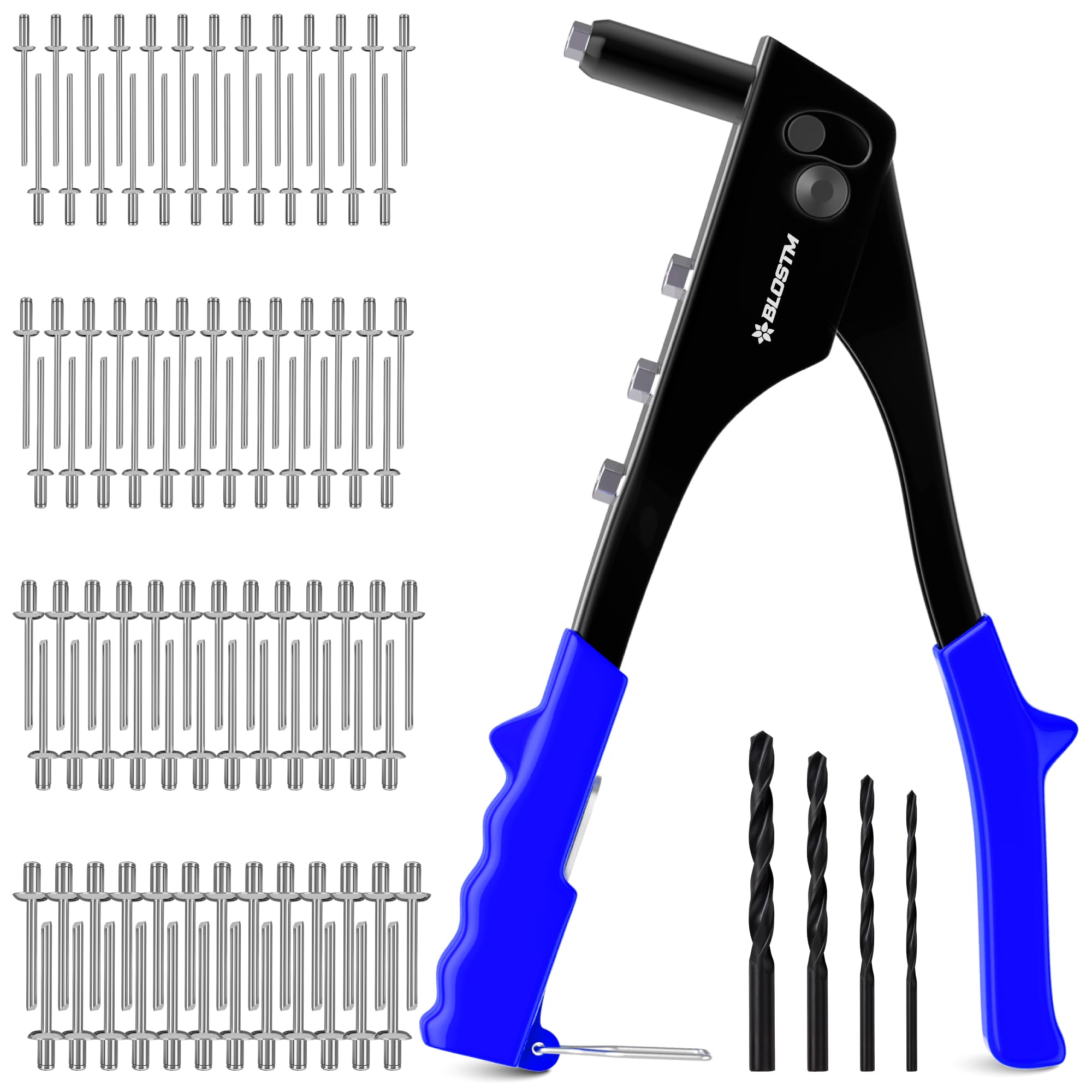 BLOSTM Pop Rivet Gun Kit - 100 PCS Pop Rivets in 4 Sizes (2.4mm 3.2mm 4mm 4.8mm) Pop Riveter Gun, 4 Rivet Nosepieces, 4 Drill Bits - Hand Riveter for Metal, Plastic, Auto Repairs, Furniture (Blue) — image 1