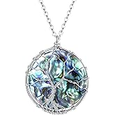 FOCALOOK Stainless Steel Wire Wrapped Tree of Life Abalone Necklaces Handmade Costume Jewelry Long Necklaces for Women (Send Gift Box)