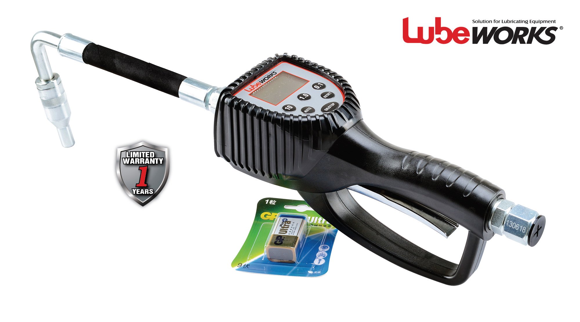 LUBEWORKS Preset Digital Meter Oil Control Gun/Nozzle with 10 Gallons Capacity