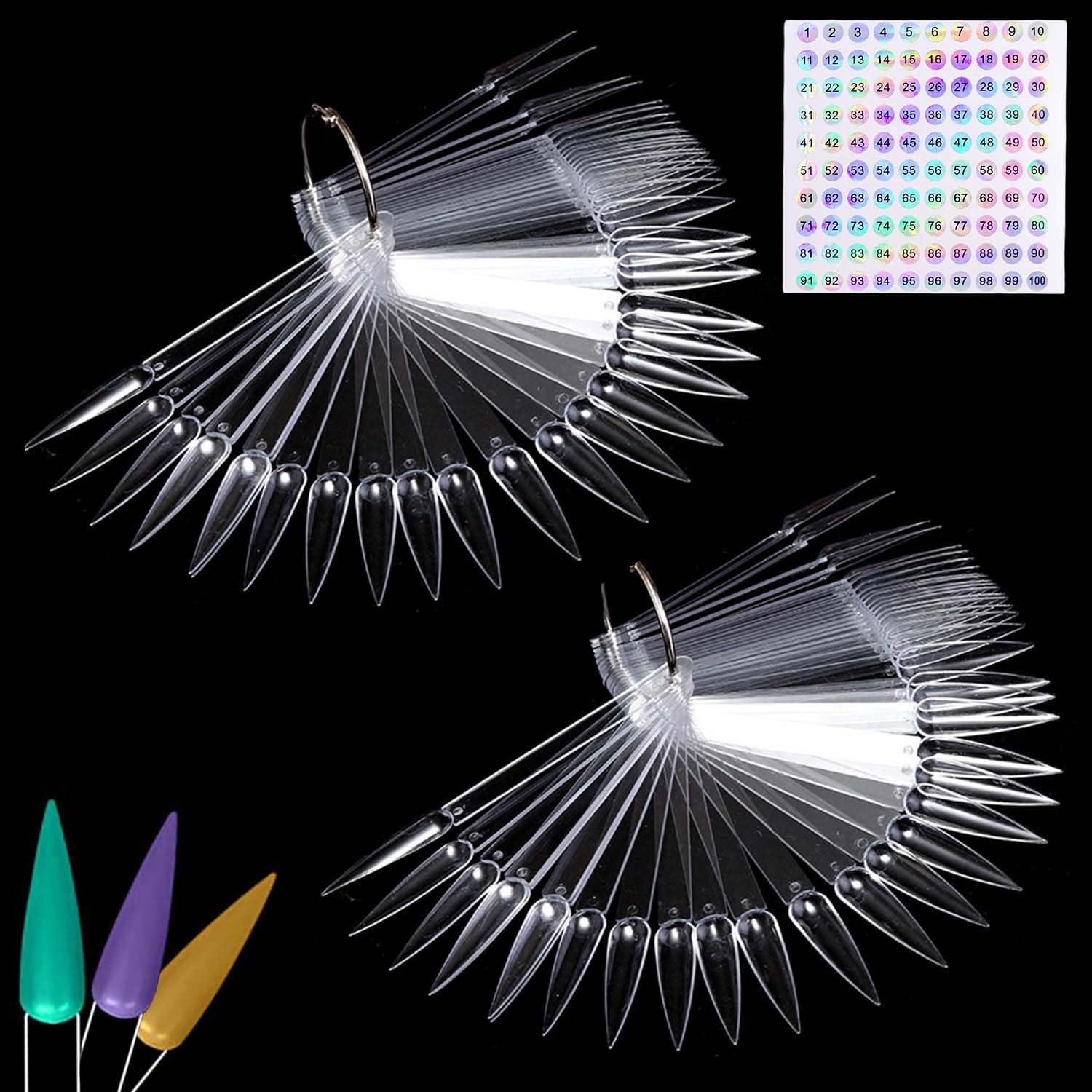 100pcs Nail Swatch Sticks with Labels, Clear Nail Colour Display and Practice Tips, Nail Art Display Sticks with Metal Ring for Nail Salons and Beginners
