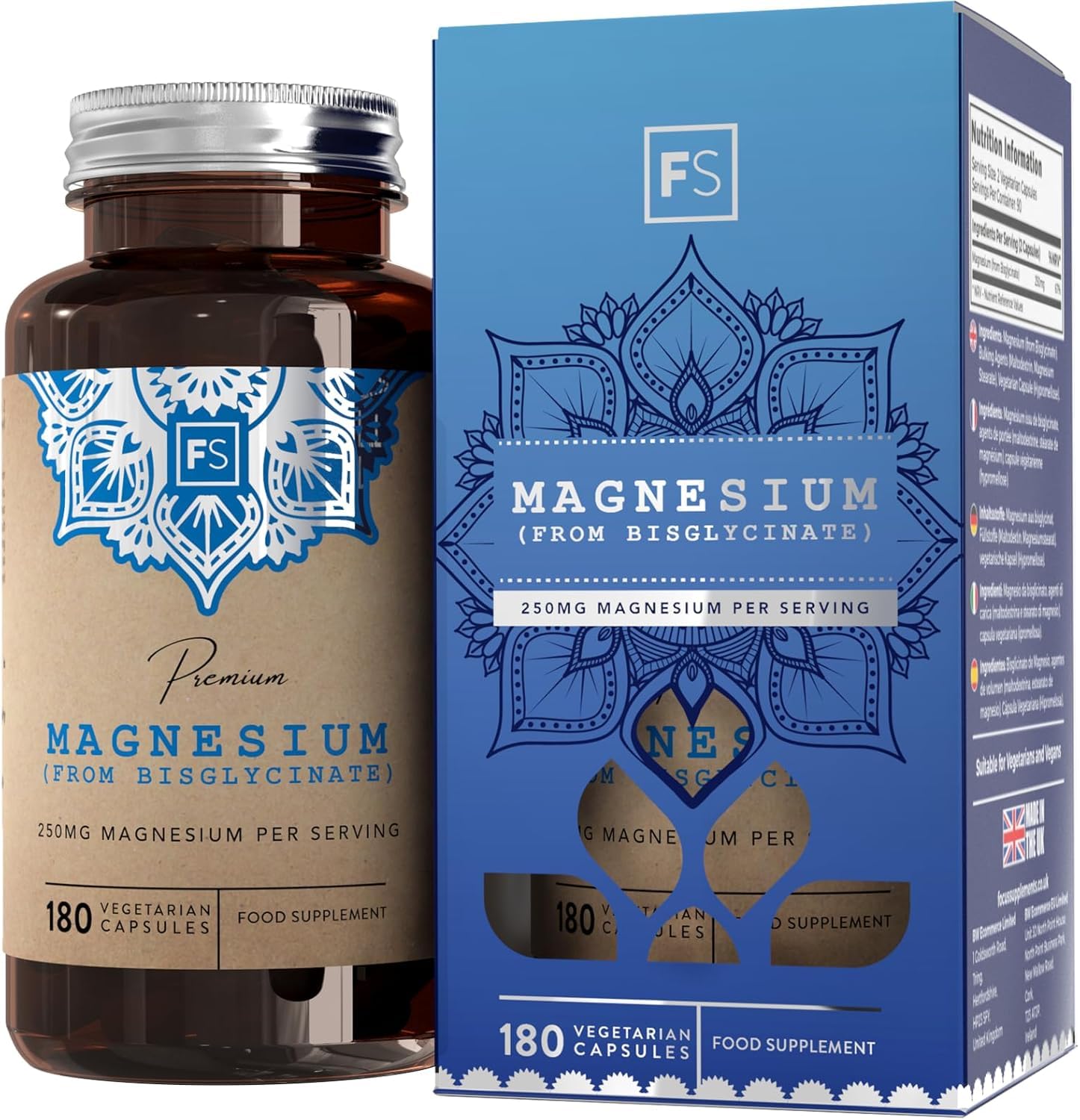FS Magnesium Glycinate | 180 Magnesium Glycinate Supplements - 250mg Mag Bisglycinate per Serving | High Strength Capsules | Non-GMO & Allergen Free | Made in The UK
