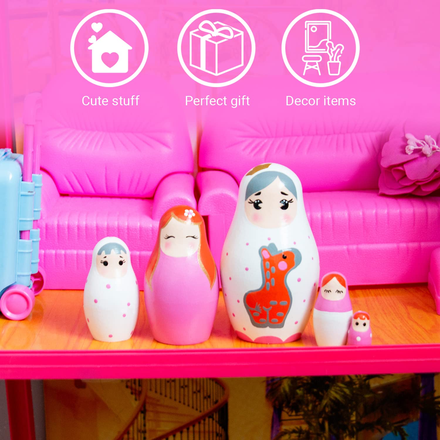 AEVVV Pink Russian Nesting Dolls for Set of 5 pcs - Kawaii Items - Russian Dolls Pink Room Decor - Polka Dots Matryoshka Doll - Pink Gifts