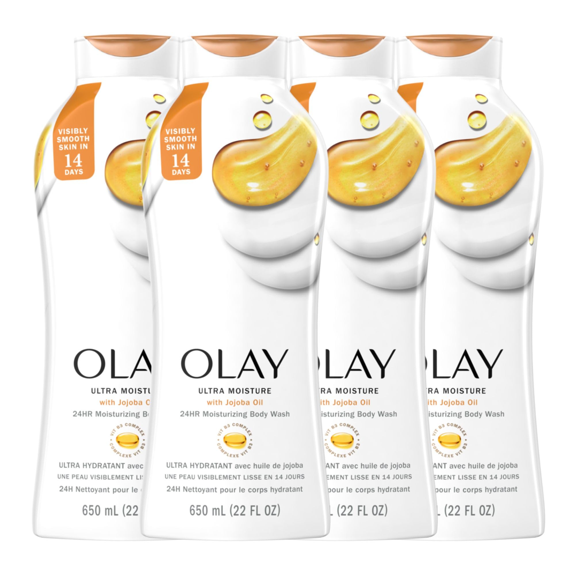 Olay Ultra Moisture Body Wash for Women with Jojoba Oil, 22 fl oz (Pack of 4)