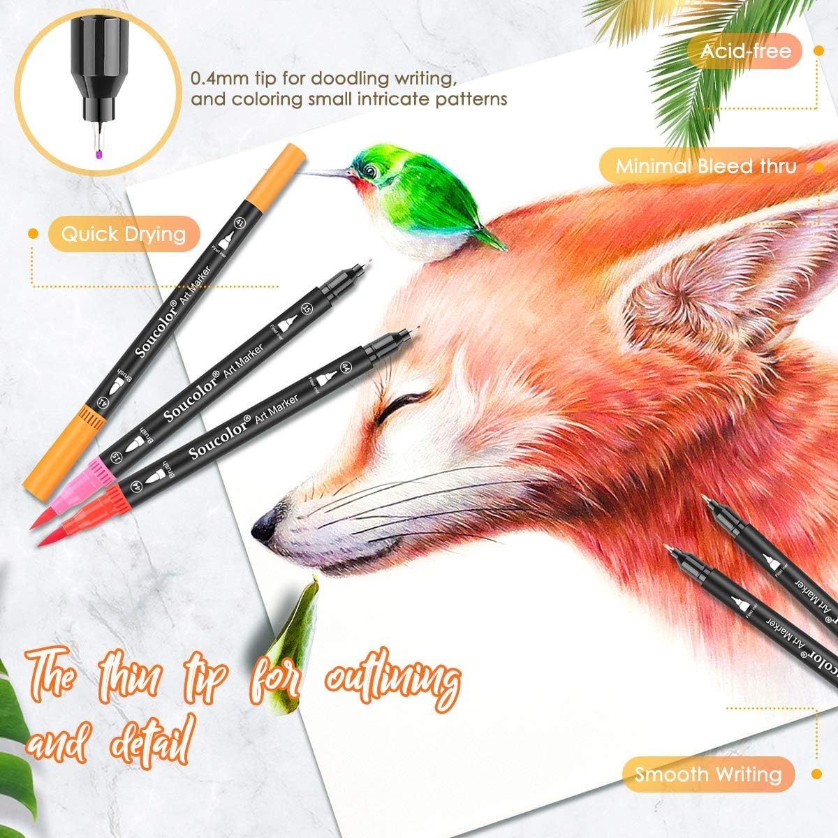 Soucolor Art Brush Markers Pens for Adult Coloring Books, Christmas Gifts Stocking Stuffers for Teen Girls Art Supplies, 34 Colors Numbered Dual Tip (Brush and Fine Point) Drawing Markers for School