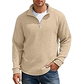 QOSOQ Mens Quarter Zip Pullover Quilted Sweatshirt Waffle Mock Neck Casual Long Sleeve Polo Sweater