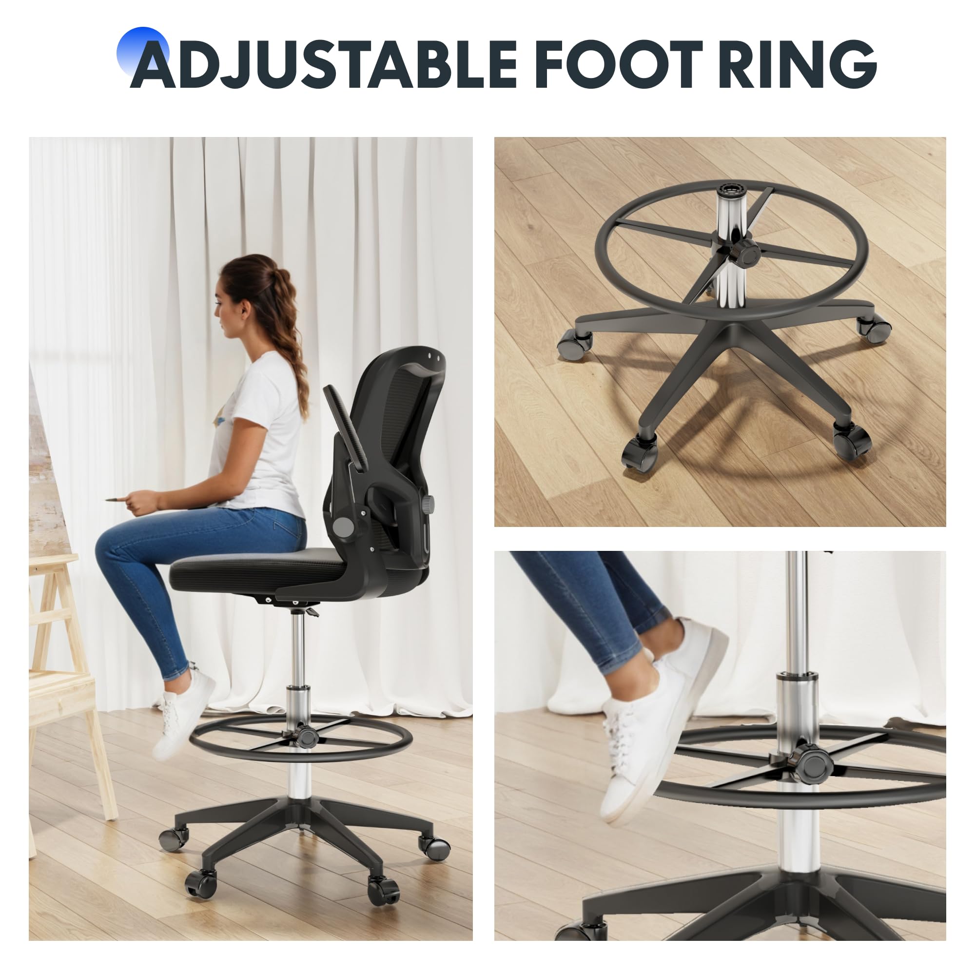 FLEXISPOT Big and Tall Mesh Office Drafting Chair, Comfortable Computer Chairs with Adjustable Lumbar Support and 3D Flip-Up Armrests, Standing Desk Chairs for Drawing Work(Black), TC1-NEW