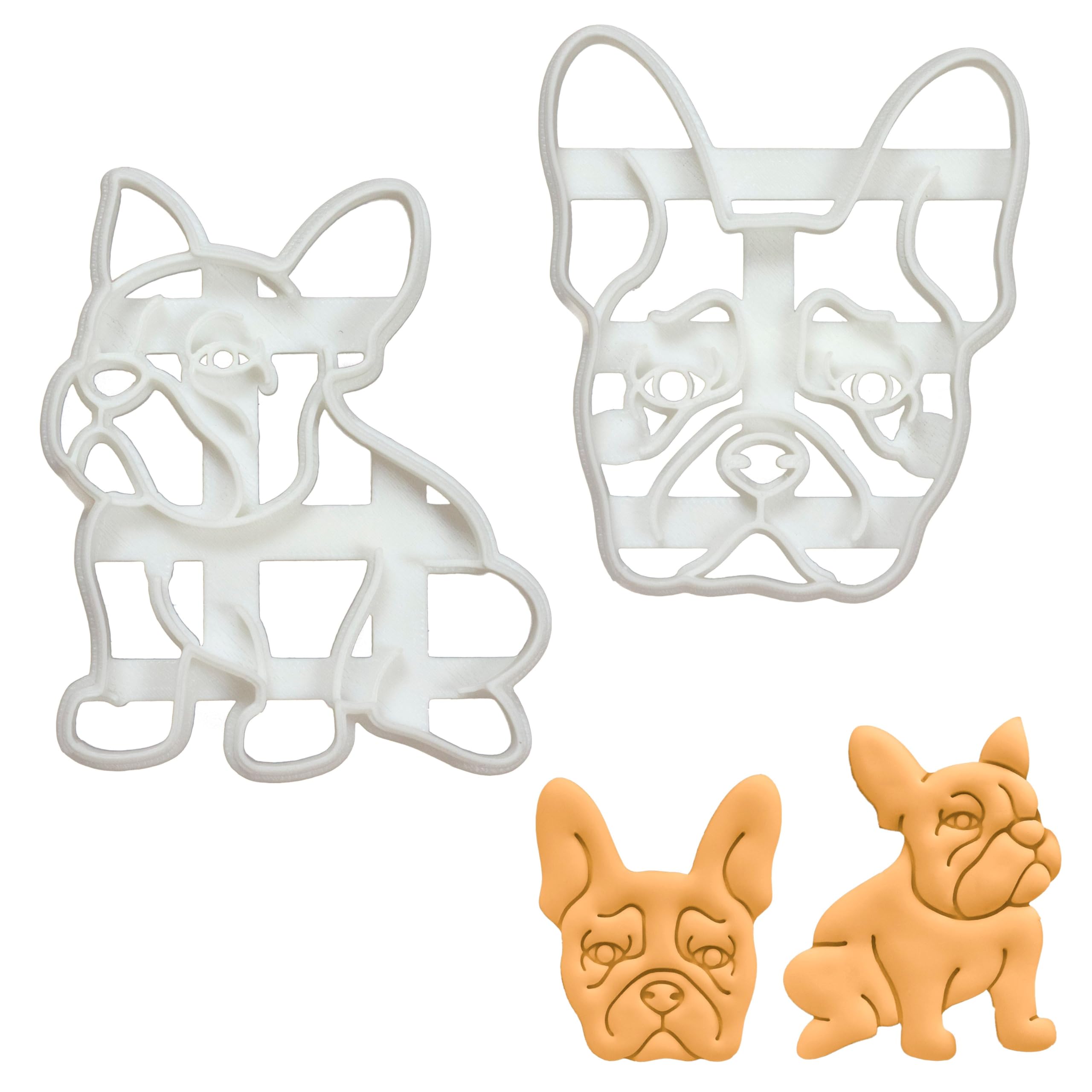 BAKERLOGY Set of 2 French Bulldog Cookie Cutters (Designs: Body & Face) - Detailed Biscuit Cutter Design for Baking and Crafts, Ideal on Fondant, Dough, Clay