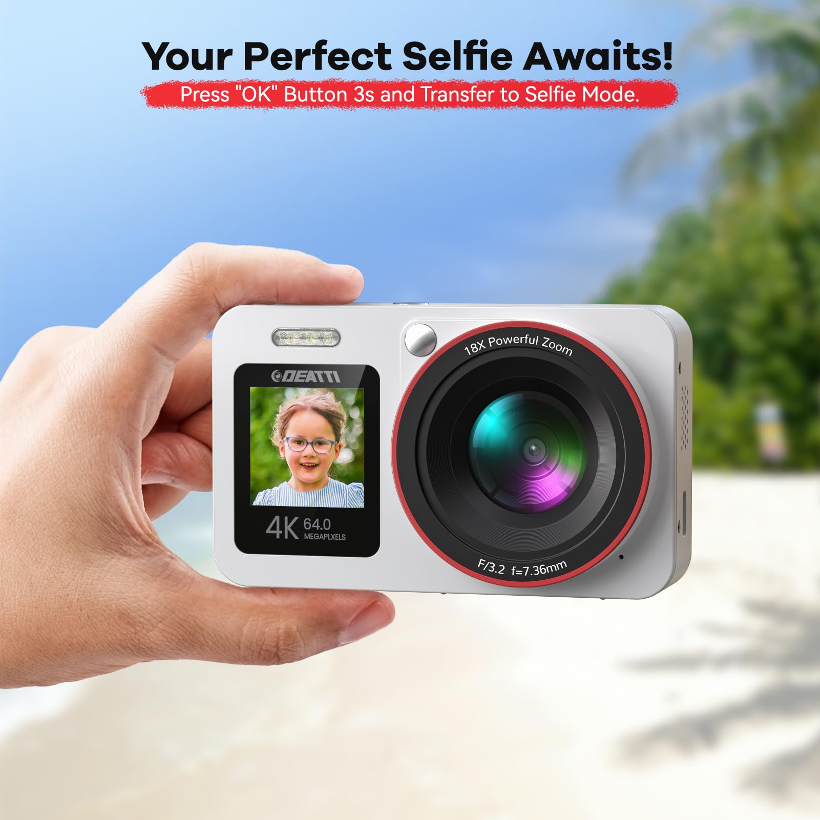 Deatti Digital Camera,FHD 4K Camera with Dual Screen 64GB SD Card 2 Batteries,Digital Point and Shoot Camera,18X Zoom,Anti Shake Portable Rechargeable for Boys Girls Kids,White