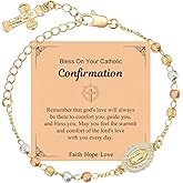 Women's Gold Rosary Beads Bracelet - 14K Gold Plated Virgin Mary Jesus Cross Bracelets,Catholic Crucifix Charm Link Jewelry,Dainty Virgen de Guadalupe Religious Gift for Confirmation First Communion