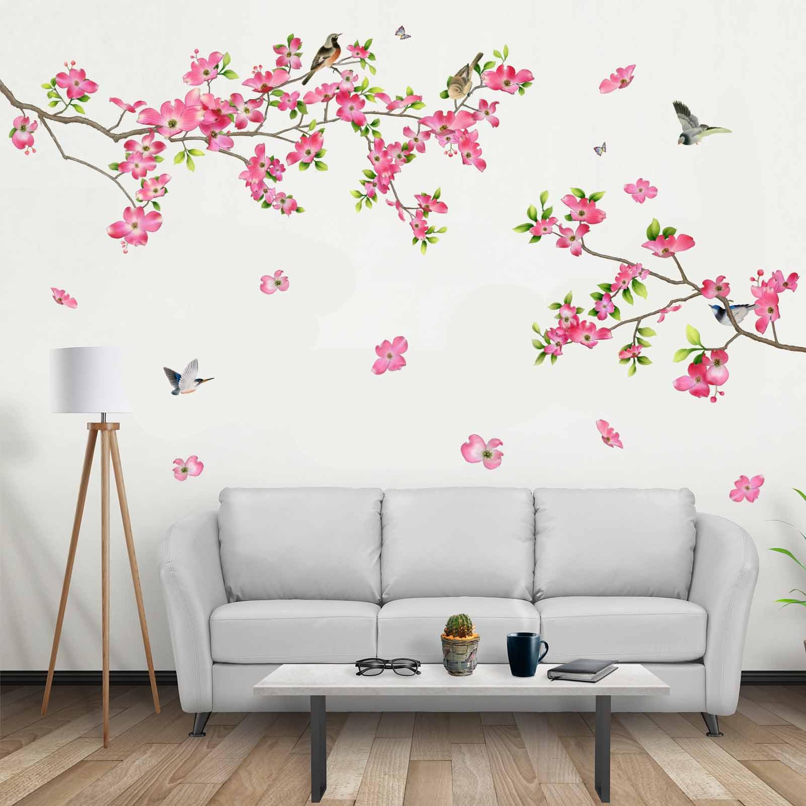 Photo 1 of PinkEleph® Pink Cherry Blossom Wall Stickers - Wildflower Flower Tree Branch Bird Cornus kousa Floral Wall Decals - Living Room Bedroom TV Sofa Background Family Wall Decor