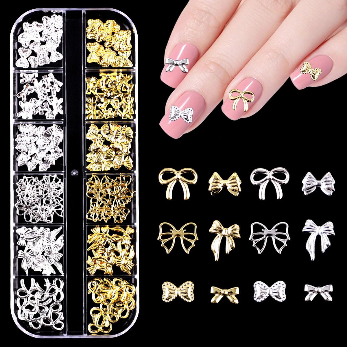 3D Bow Nail Charms,1Boxes 12Grids Cute Bow Nail Gems,Gold Silver Metal Alloy Rivet Stickers Bowknot Nail Art Decorations Accessories for Nail Art Design DIY Crafts (Gold Silver C)