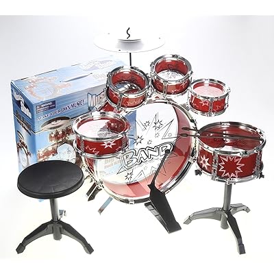 YMCtoys Kids Starter Drum Set, 11-Piece - Bass Drum, Tom Drums, Snare, Cymbal, Stool, Drumsticks (RED)