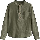 Inorin Boys Linen Shirt Button Up Henley Long Sleeve Dress Shirts Cotton Lightweight Tees Tops with One Pocket