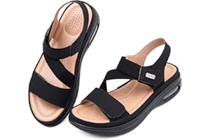 Women's Walking Sandals Air Cushion Support Platform Elastic Ankle Strap Comfortable Casual Ladies Wedge Sandals for Summer